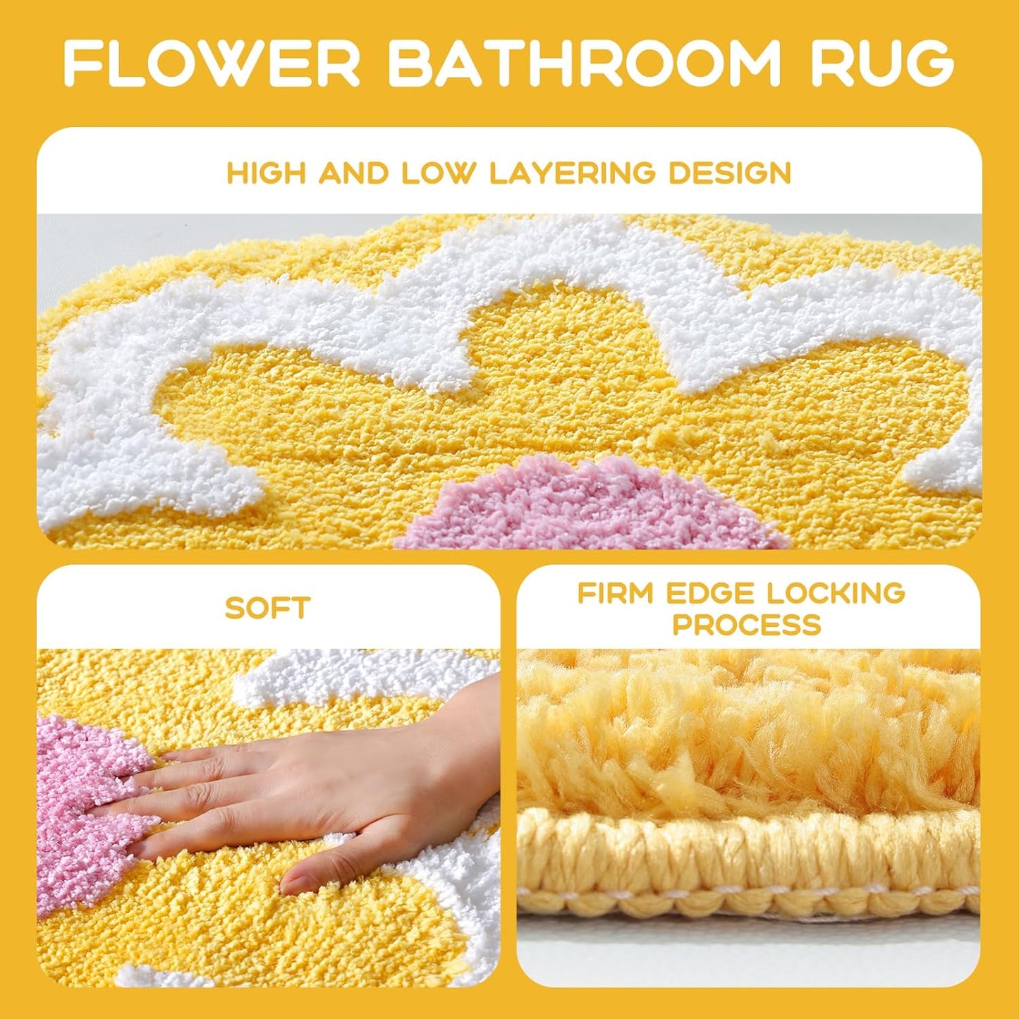 Yellow Bathroom Rugs Cute Flower Bath Mat for Women Small Absorbent Non Slip Bath Rug Soft Microfiber Washable Bath Mat for Bathroom Floor, Shower, Bathtub