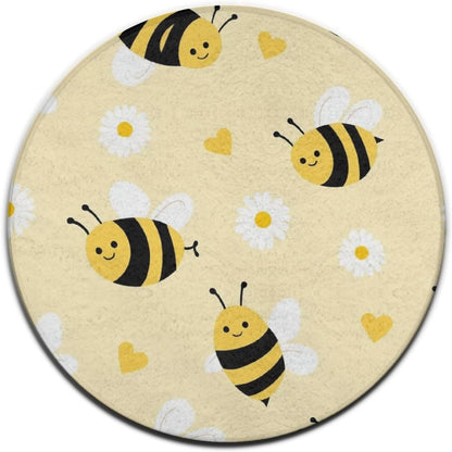 Large Round Yoga Mat, Sofa Decor Carpet, Circle Area Rug, Cute Honeybee Bee Light Yellow Yoga Mat, 60inch