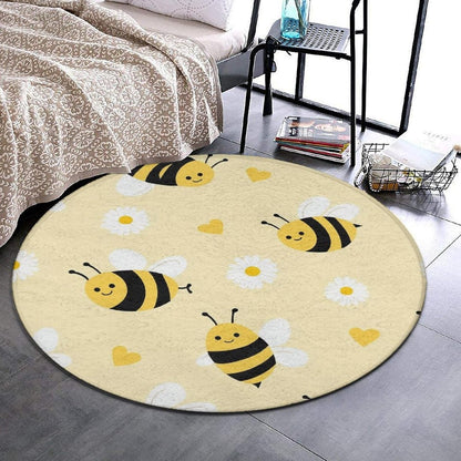 Large Round Yoga Mat, Sofa Decor Carpet, Circle Area Rug, Cute Honeybee Bee Light Yellow Yoga Mat, 60inch