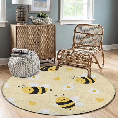 Large Round Yoga Mat, Sofa Decor Carpet, Circle Area Rug, Cute Honeybee Bee Light Yellow Yoga Mat, 60inch