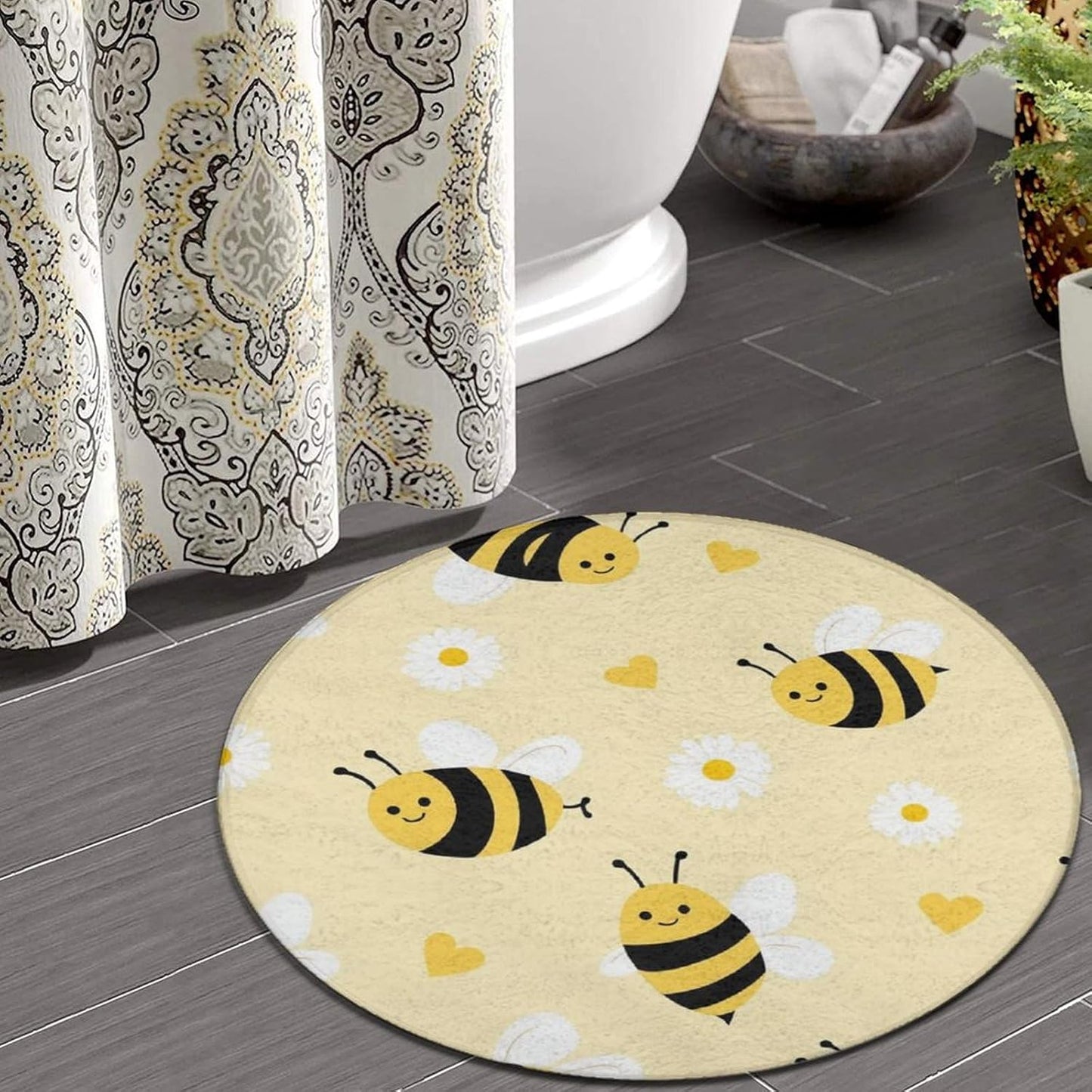 Large Round Yoga Mat, Sofa Decor Carpet, Circle Area Rug, Cute Honeybee Bee Light Yellow Yoga Mat, 60inch
