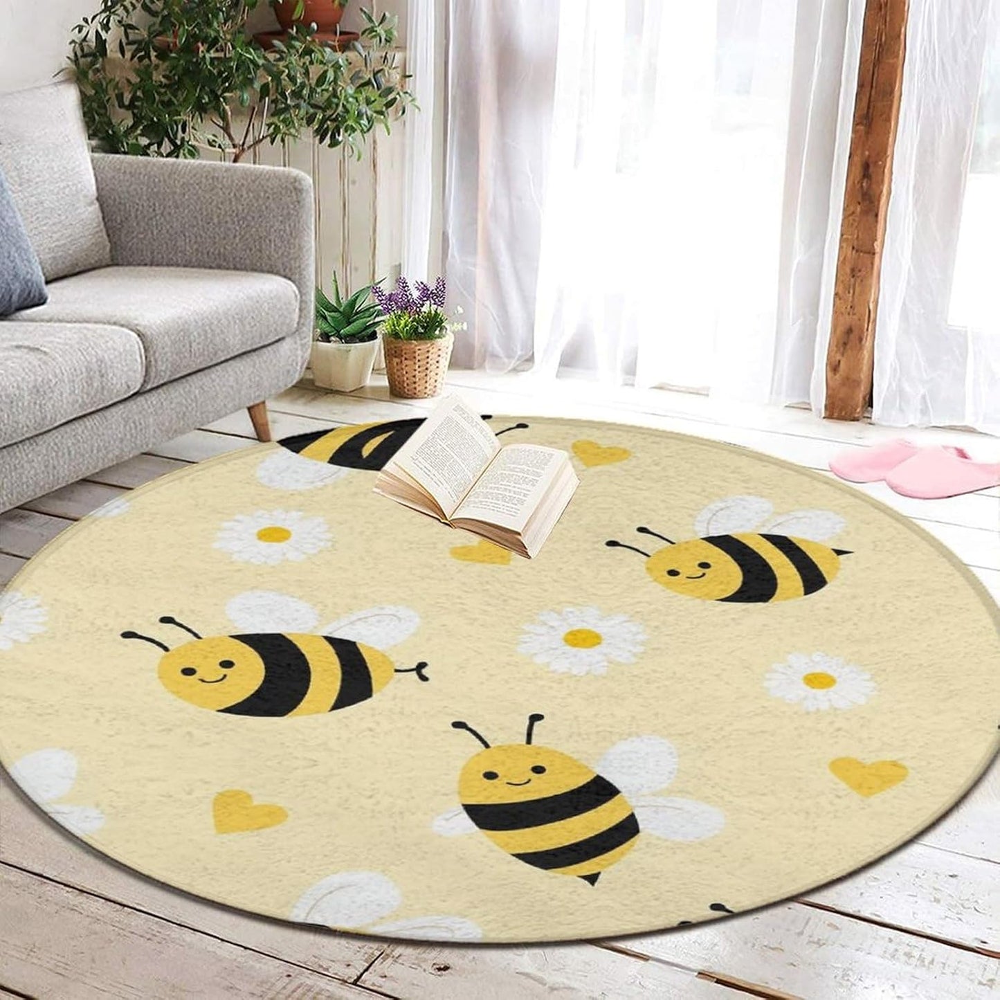 Large Round Yoga Mat, Sofa Decor Carpet, Circle Area Rug, Cute Honeybee Bee Light Yellow Yoga Mat, 60inch