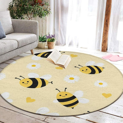 Large Round Yoga Mat, Sofa Decor Carpet, Circle Area Rug, Cute Honeybee Bee Light Yellow Yoga Mat, 60inch