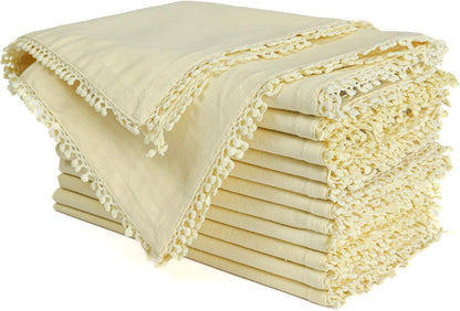 Cotton Cloth Dinner Napkins Set of 12 – 18x18 French Vanilla Light Yellow with Decorative Lace Selvedge – Elegant Machine Washable Fabric Napkins for Weddings, Parties & Dining