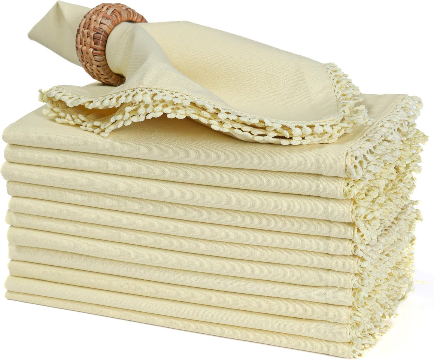 Cotton Cloth Dinner Napkins Set of 12 – 18x18 French Vanilla Light Yellow with Decorative Lace Selvedge – Elegant Machine Washable Fabric Napkins for Weddings, Parties & Dining