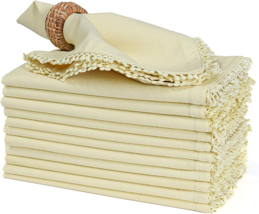 Cotton Cloth Dinner Napkins Set of 12 – 18x18 French Vanilla Light Yellow with Decorative Lace Selvedge – Elegant Machine Washable Fabric Napkins for Weddings, Parties & Dining