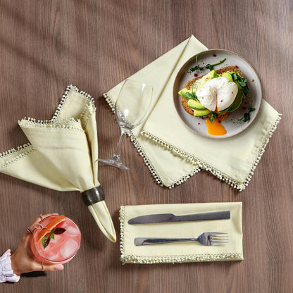 Cotton Cloth Dinner Napkins Set of 12 – 18x18 French Vanilla Light Yellow with Decorative Lace Selvedge – Elegant Machine Washable Fabric Napkins for Weddings, Parties & Dining