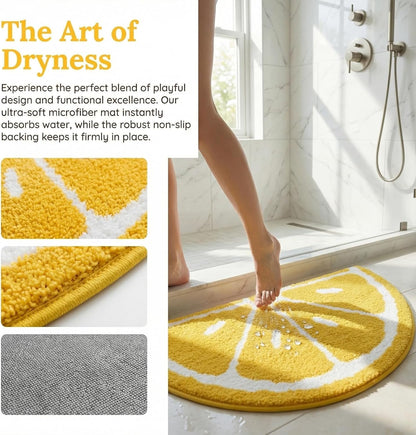 Half Round Microfiber Soft Lemon Shape Bathroom Rugs Non Slip Shag Bath Mat Rug for Kitchen Bedroom Rubber Shower for Floor Living Room Mats Water Absorbent Washable (40cmx60cm, Lemon)