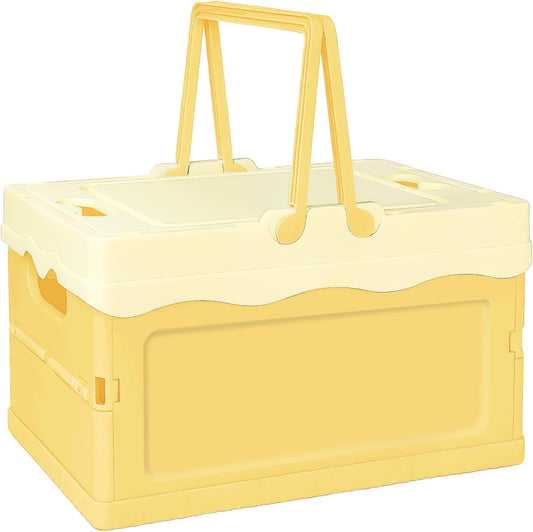 Pastel Plastic Storage Bin with Lid Small Cute Foldable Pastel Crates | Plastic Basket Colorful Storage Containers Baskets for Classroom Kitchen Office Bedroom Desktop Home Decor (Yellow)
