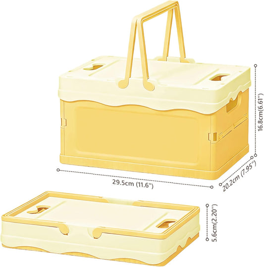 Pastel Plastic Storage Bin with Lid Small Cute Foldable Pastel Crates | Plastic Basket Colorful Storage Containers Baskets for Classroom Kitchen Office Bedroom Desktop Home Decor (Yellow)