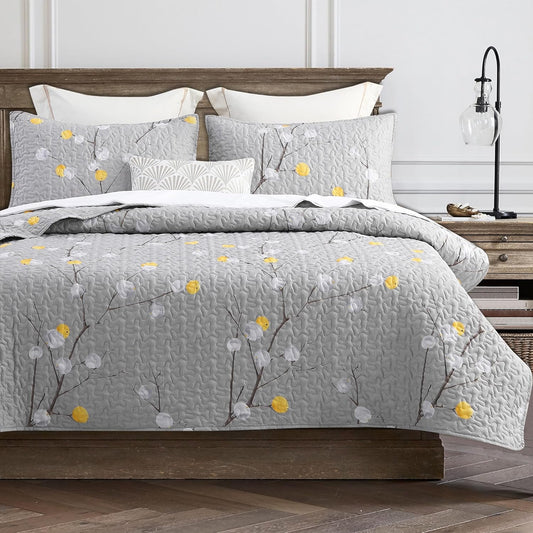 Quilt Set Queen Size 3Pcs,Grey Branch with Yellow Turquoise Polka Dot Pattern,Soft Microfiber Lightweight Bedspread for All Season Layering(Queen 90x96,Botanical Grey)