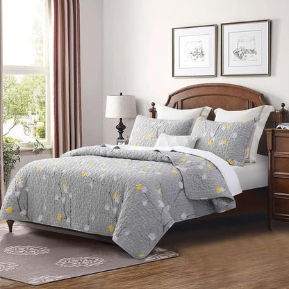 Quilt Set Queen Size 3Pcs,Grey Branch with Yellow Turquoise Polka Dot Pattern,Soft Microfiber Lightweight Bedspread for All Season Layering(Queen 90x96,Botanical Grey)