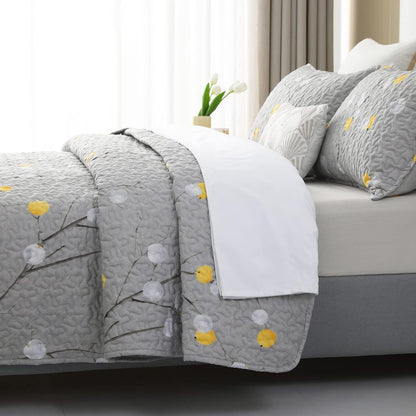 Quilt Set Queen Size 3Pcs,Grey Branch with Yellow Turquoise Polka Dot Pattern,Soft Microfiber Lightweight Bedspread for All Season Layering(Queen 90x96,Botanical Grey)