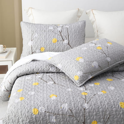 Quilt Set Queen Size 3Pcs,Grey Branch with Yellow Turquoise Polka Dot Pattern,Soft Microfiber Lightweight Bedspread for All Season Layering(Queen 90x96,Botanical Grey)