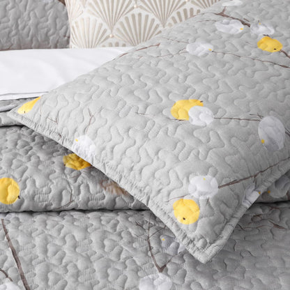 Quilt Set Queen Size 3Pcs,Grey Branch with Yellow Turquoise Polka Dot Pattern,Soft Microfiber Lightweight Bedspread for All Season Layering(Queen 90x96,Botanical Grey)