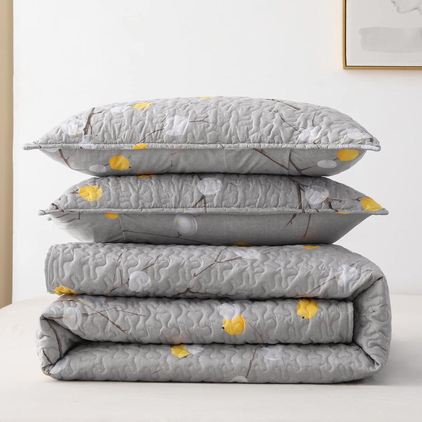 Quilt Set Queen Size 3Pcs,Grey Branch with Yellow Turquoise Polka Dot Pattern,Soft Microfiber Lightweight Bedspread for All Season Layering(Queen 90x96,Botanical Grey)