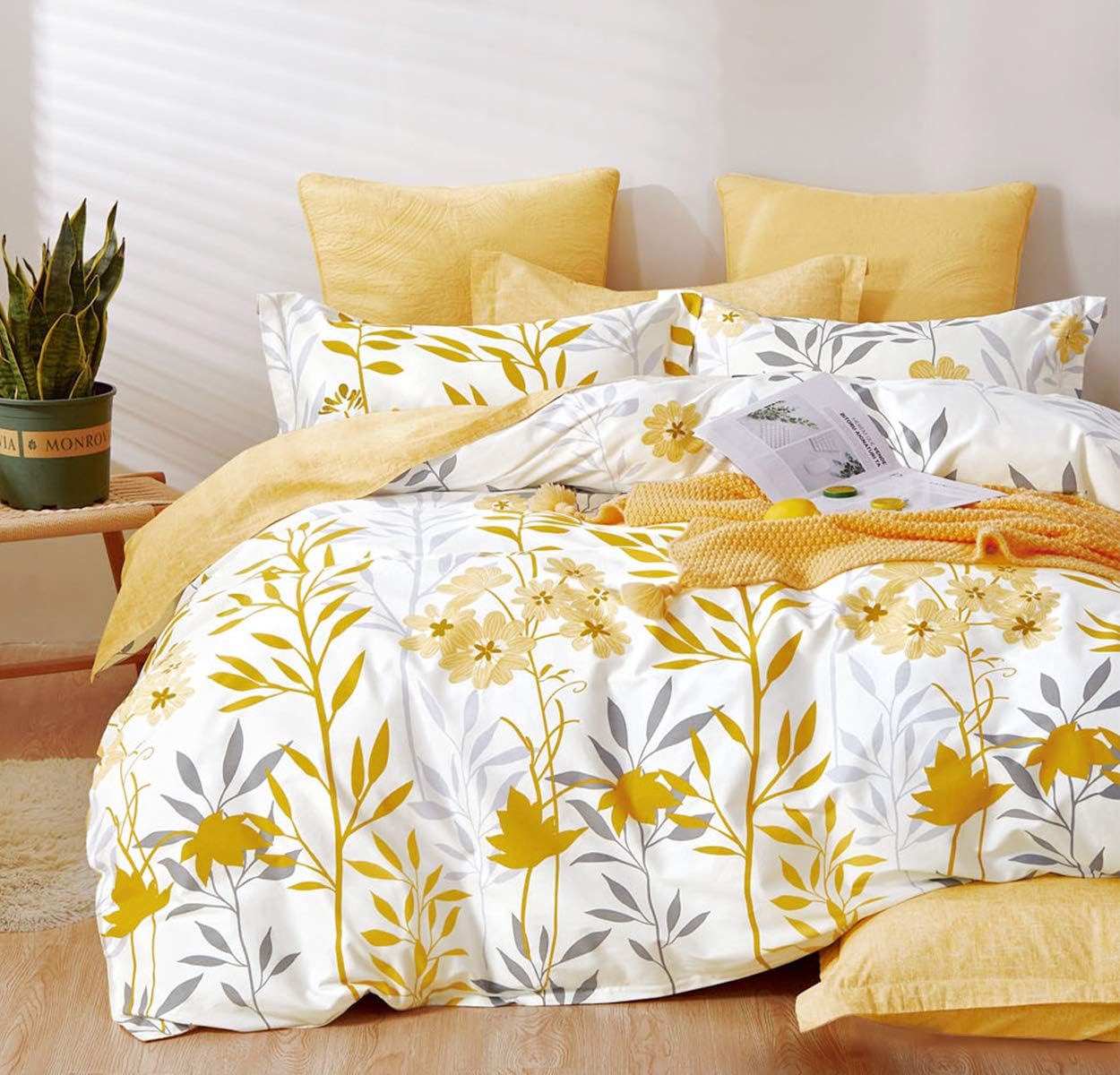 Duvet Cover Queen Size, 600 Thread Count Cotton Grey Branches and Yellow Flower Reversible Comforter Cover(Queen, White Leaf)
