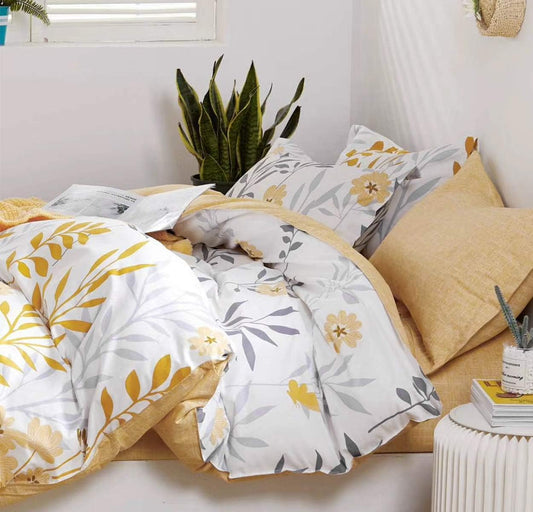 Duvet Cover Queen Size, 600 Thread Count Cotton Grey Branches and Yellow Flower Reversible Comforter Cover(Queen, White Leaf)