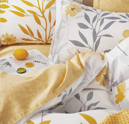 Duvet Cover Queen Size, 600 Thread Count Cotton Grey Branches and Yellow Flower Reversible Comforter Cover(Queen, White Leaf)