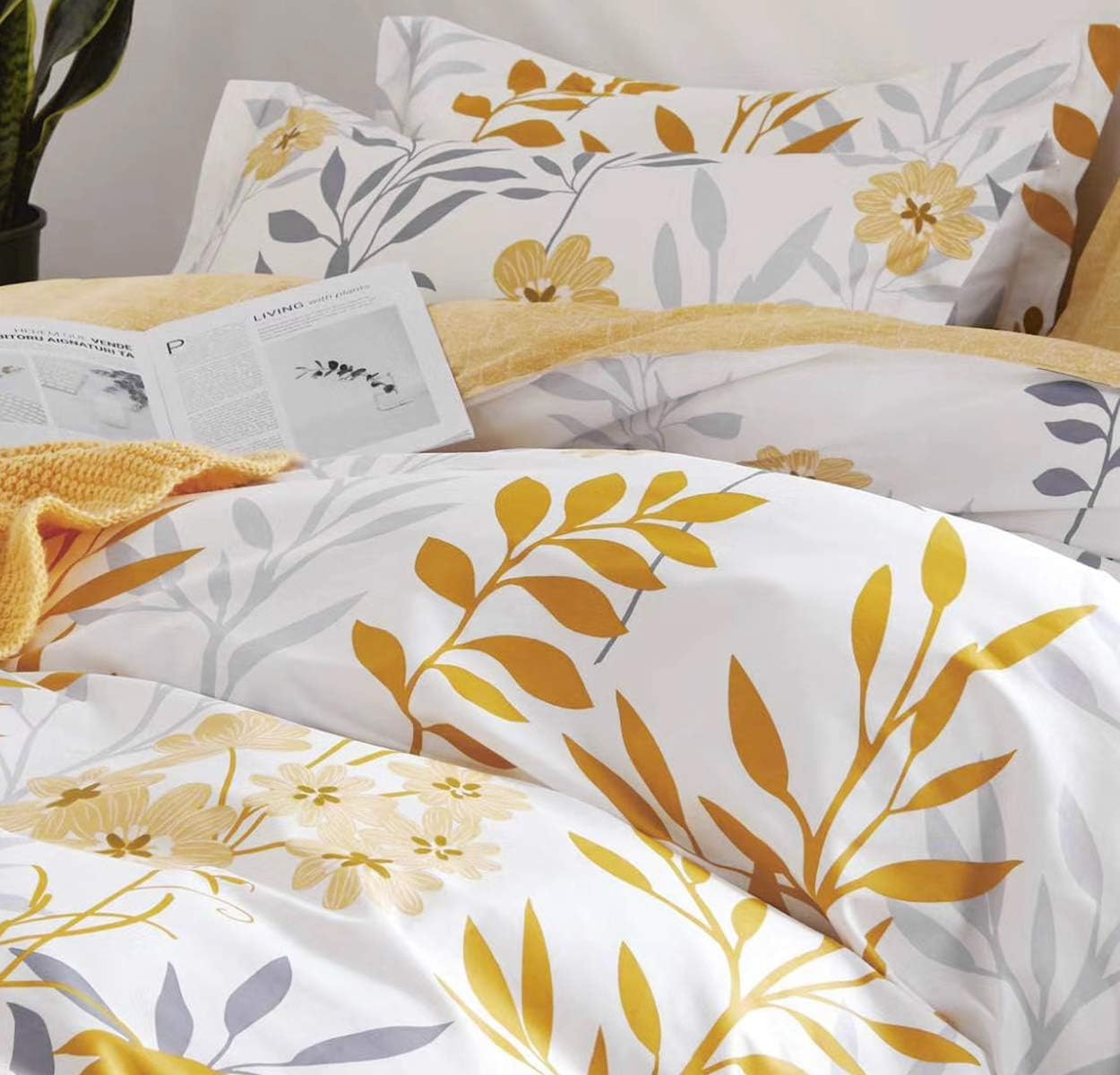 Duvet Cover Queen Size, 600 Thread Count Cotton Grey Branches and Yellow Flower Reversible Comforter Cover(Queen, White Leaf)