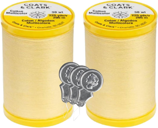 Coats & Clark Cotton All Purpose Sewing Thread 100% Mercerized Cotton 225 Yards Each Spool S970 2 Pack Bundle with 3 Needle Threaders (Yellow)