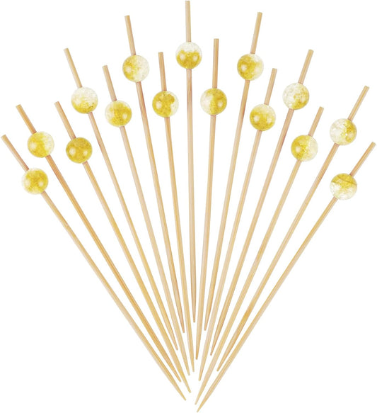 Pastel Yellow Pearl Cocktail Picks, 4.7 Inch Long Bamboo Fancy Toothpicks for Appetizers, Decorative Mardi Gras Carnival Party Food Drinks Garnish Fruit Skewer Sticks 100 Counts - MSL415