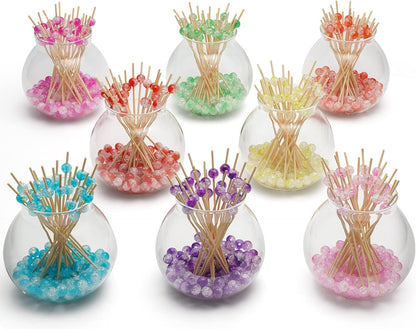 Pastel Yellow Pearl Cocktail Picks, 4.7 Inch Long Bamboo Fancy Toothpicks for Appetizers, Decorative Mardi Gras Carnival Party Food Drinks Garnish Fruit Skewer Sticks 100 Counts - MSL415