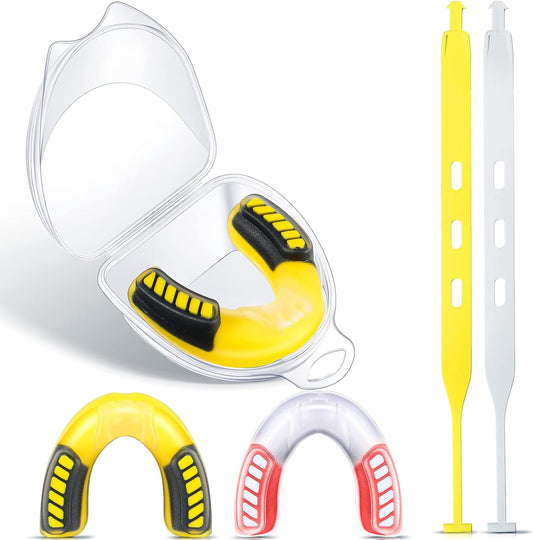 2 Pack Youth Football Mouth Guard with Strap and Case for Kids and Adult Soft Sports Mouthpiece Double Colored Mouthguard for Ice Hockey Lacrosse Basketball(Yellow, Red)