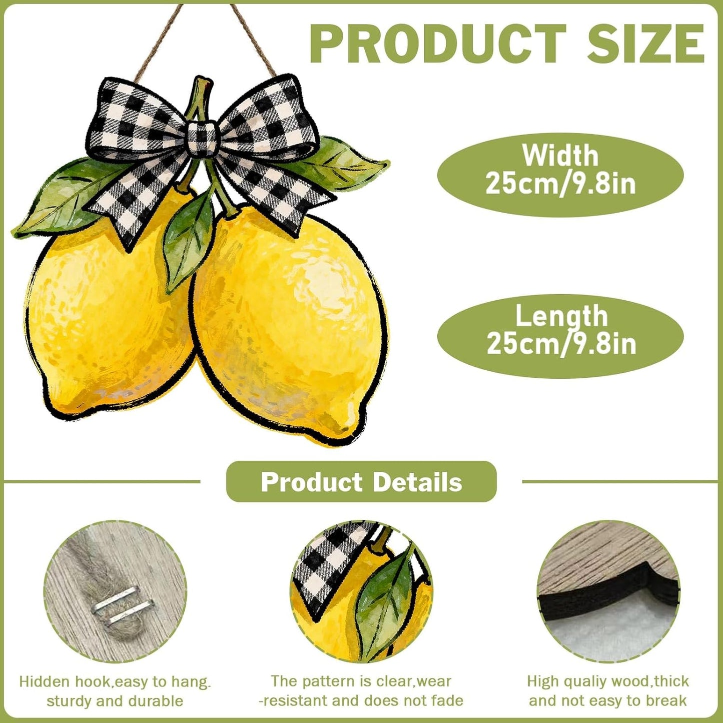 Harooni Lemon Welcome Door Sign for Front Door Spring Summer Hanging Wreath 10"x10" Fresh Lemon Wood Sign Front Door Farmhouse Fall Wall Porch Art Home Kitchen Living Room Indoor Outdoor Ornaments