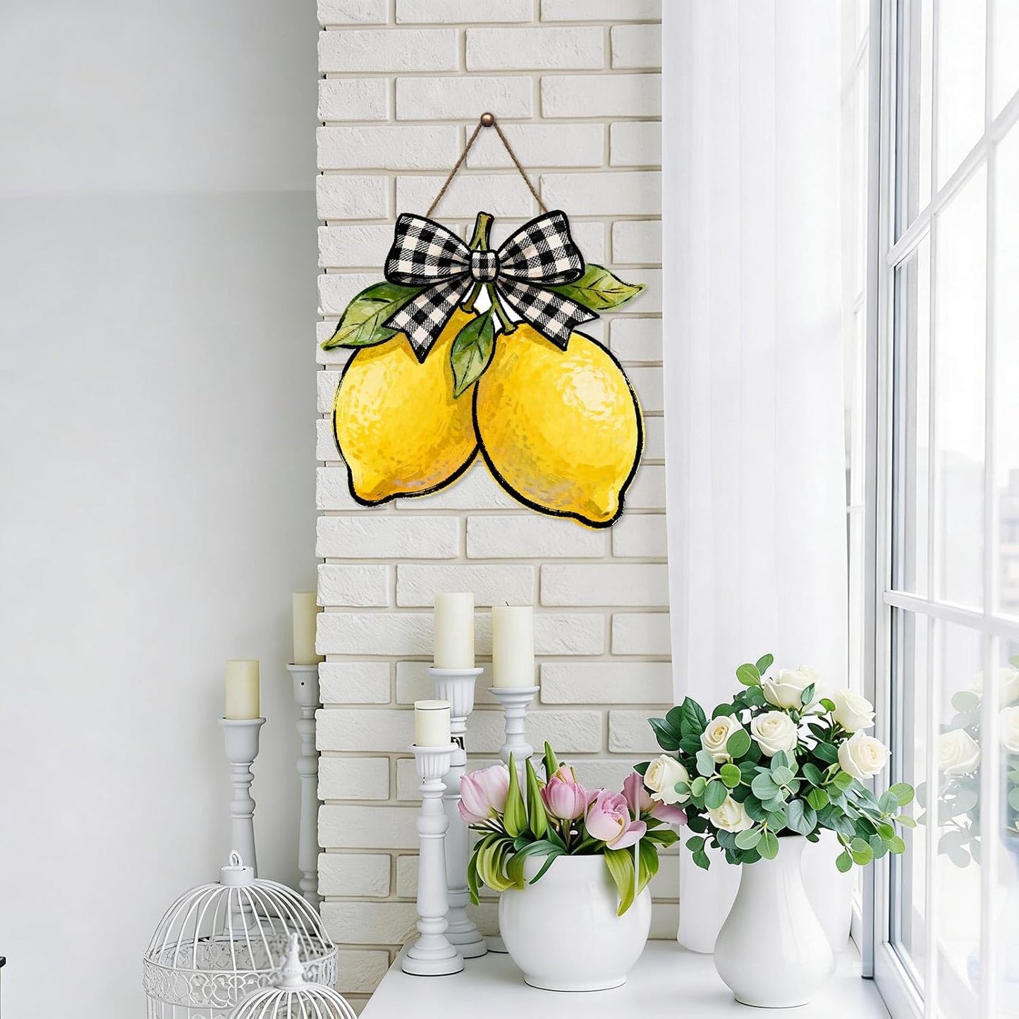 Harooni Lemon Welcome Door Sign for Front Door Spring Summer Hanging Wreath 10"x10" Fresh Lemon Wood Sign Front Door Farmhouse Fall Wall Porch Art Home Kitchen Living Room Indoor Outdoor Ornaments