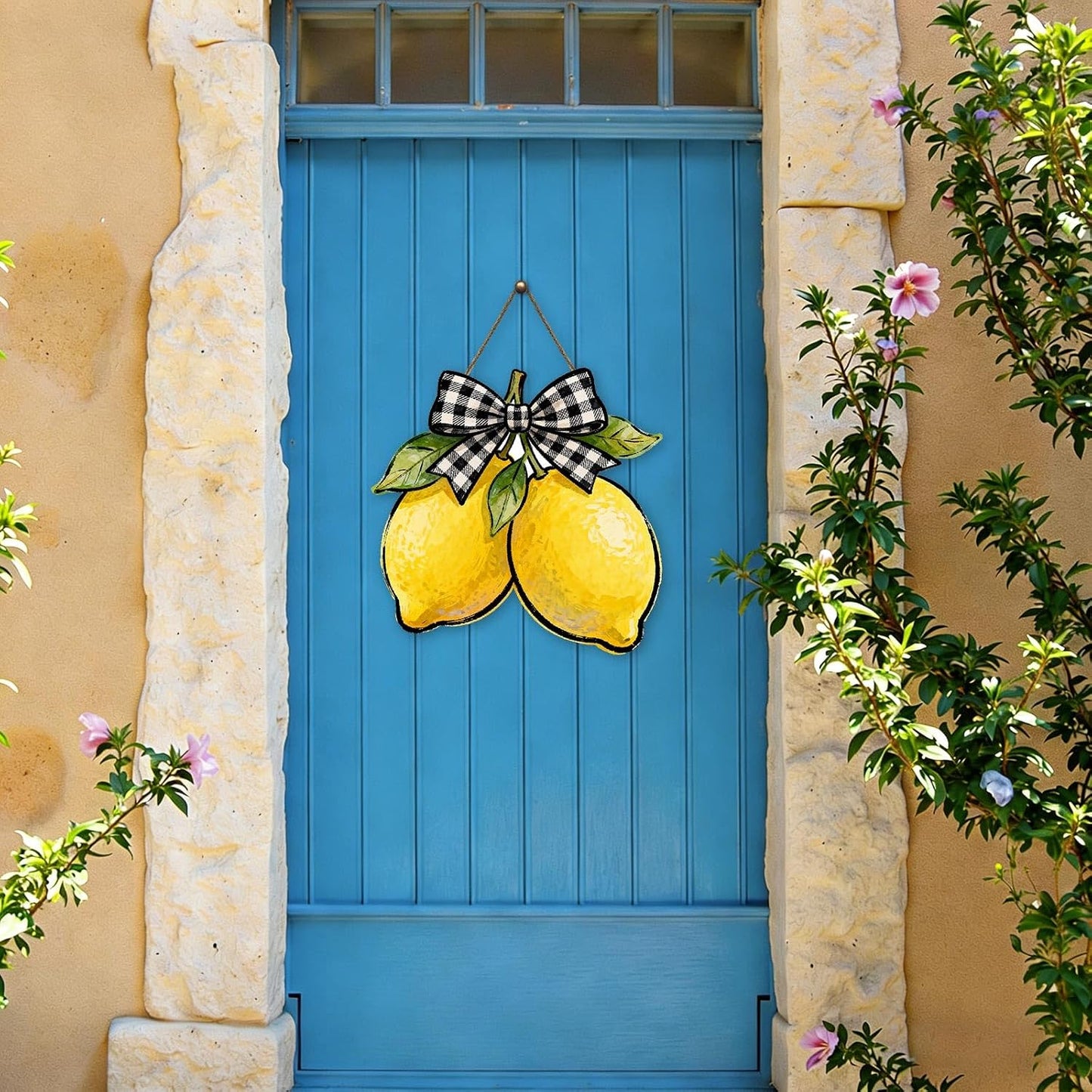 Harooni Lemon Welcome Door Sign for Front Door Spring Summer Hanging Wreath 10"x10" Fresh Lemon Wood Sign Front Door Farmhouse Fall Wall Porch Art Home Kitchen Living Room Indoor Outdoor Ornaments