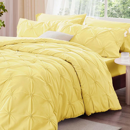 Light Yellow Twin Comforter Set - 2 Peices Boho Pintuck Bedding Comforter Sets, Lightweight Soft & Warm Twin Bedding Sets with 1 Pillowcase for All Season