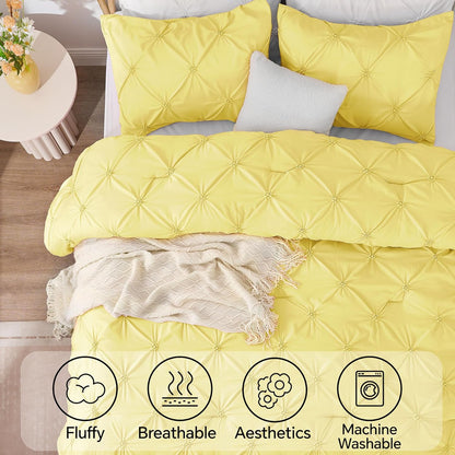 Light Yellow Twin Comforter Set - 2 Peices Boho Pintuck Bedding Comforter Sets, Lightweight Soft & Warm Twin Bedding Sets with 1 Pillowcase for All Season