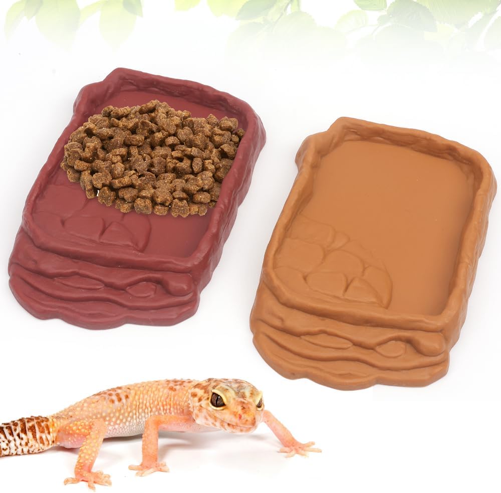 2 Pack Reptile Water Bowls, Rock Reptile Food Dish, Plastic Terrarium Feeding Bowl for Bearded Dragon Leopard Gecko Lizard Turtle Frog Snake Small Pets (Brown and Yellow)