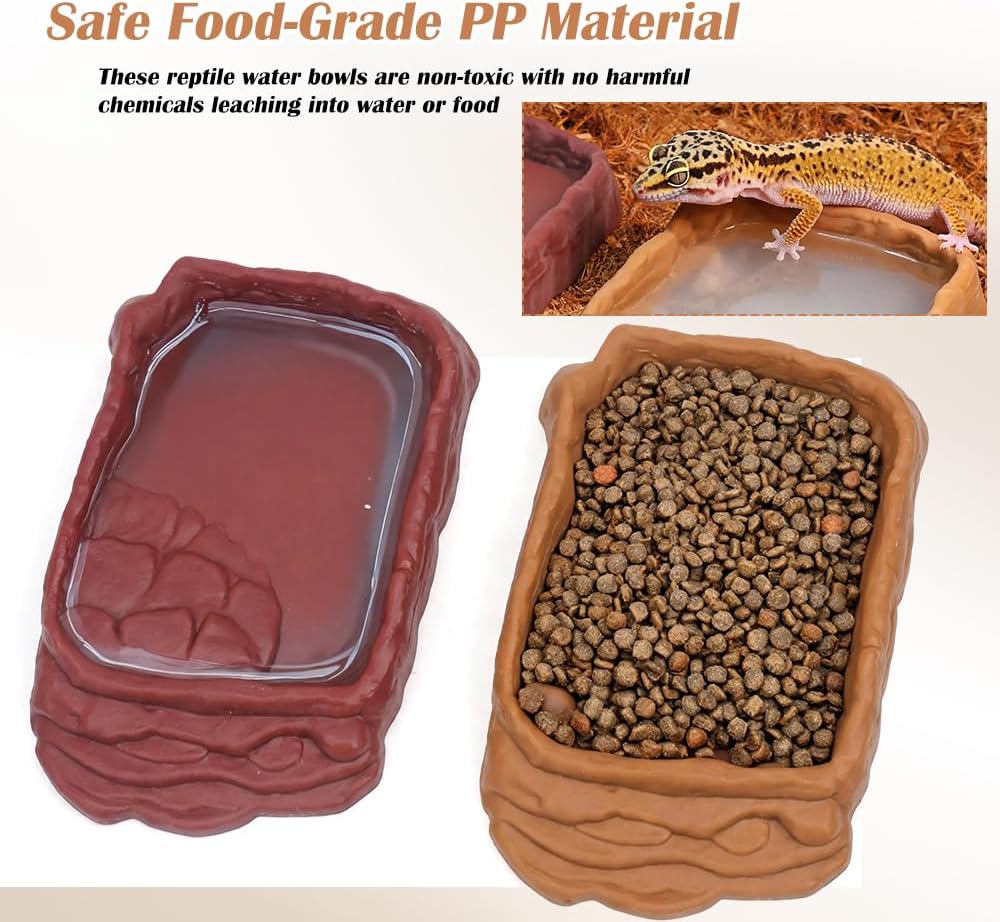 2 Pack Reptile Water Bowls, Rock Reptile Food Dish, Plastic Terrarium Feeding Bowl for Bearded Dragon Leopard Gecko Lizard Turtle Frog Snake Small Pets (Brown and Yellow)