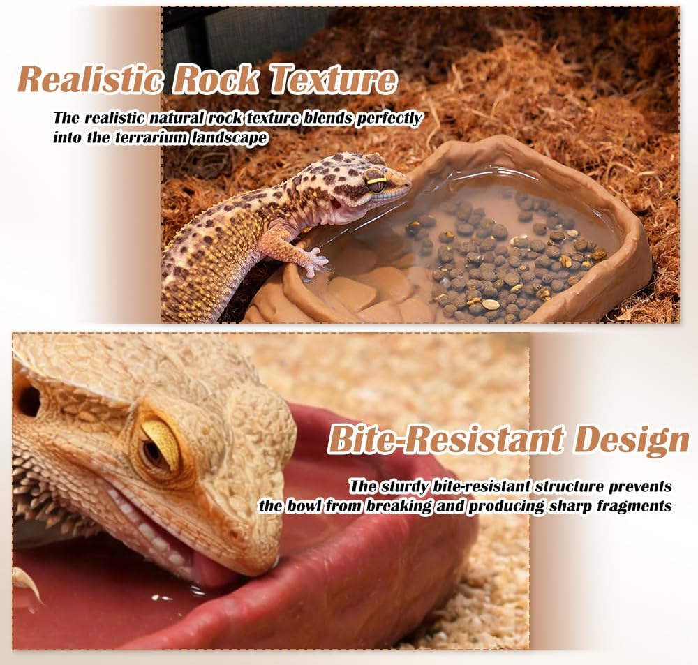 2 Pack Reptile Water Bowls, Rock Reptile Food Dish, Plastic Terrarium Feeding Bowl for Bearded Dragon Leopard Gecko Lizard Turtle Frog Snake Small Pets (Brown and Yellow)