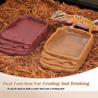 2 Pack Reptile Water Bowls, Rock Reptile Food Dish, Plastic Terrarium Feeding Bowl for Bearded Dragon Leopard Gecko Lizard Turtle Frog Snake Small Pets (Brown and Yellow)