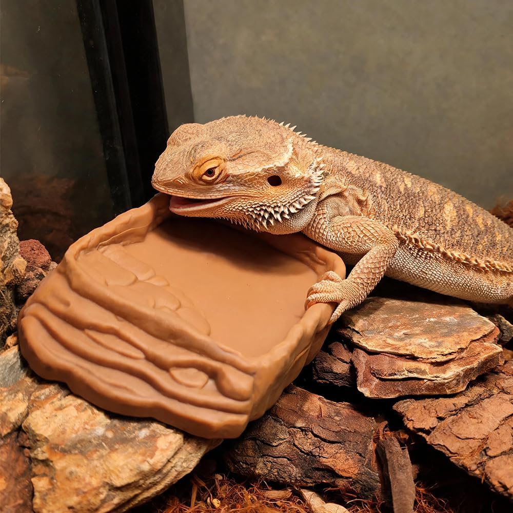 2 Pack Reptile Water Bowls, Rock Reptile Food Dish, Plastic Terrarium Feeding Bowl for Bearded Dragon Leopard Gecko Lizard Turtle Frog Snake Small Pets (Brown and Yellow)