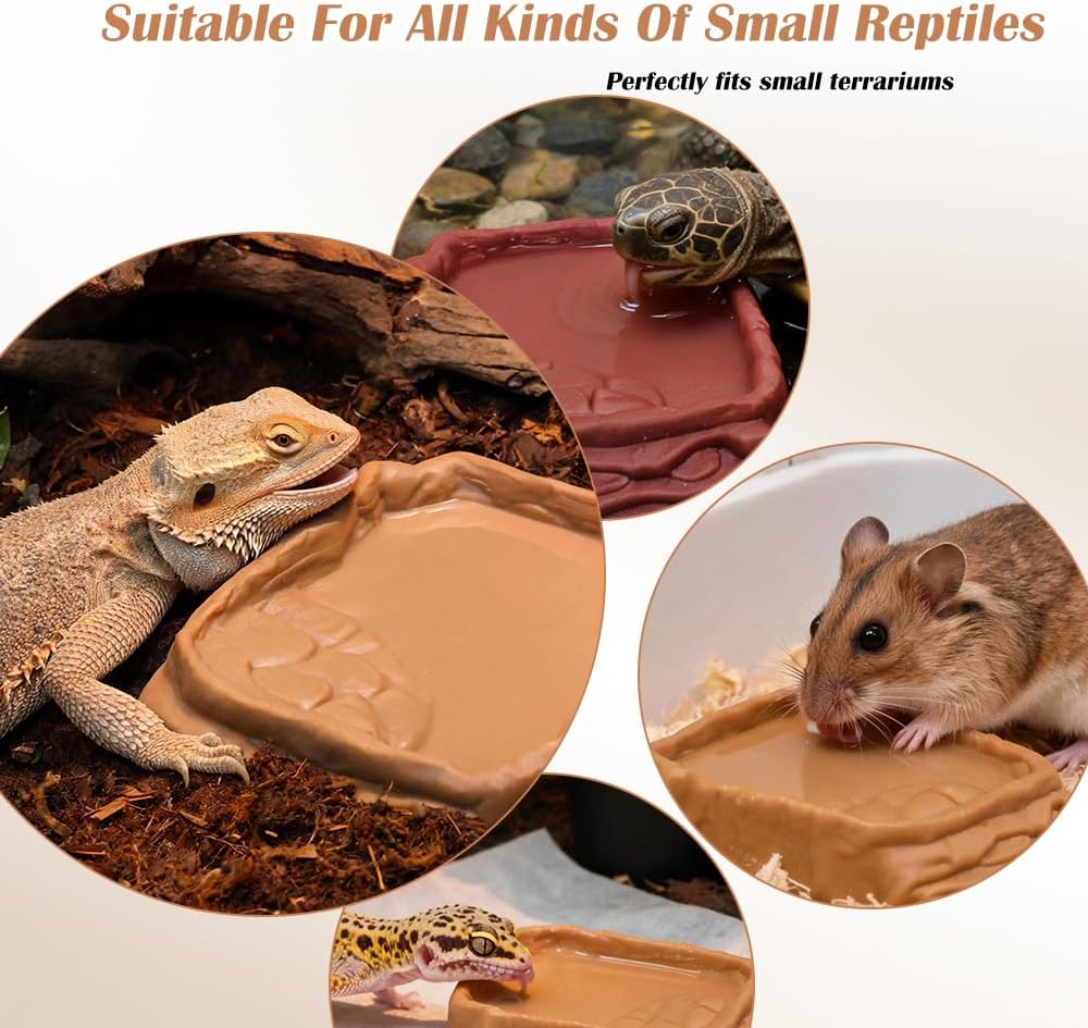 2 Pack Reptile Water Bowls, Rock Reptile Food Dish, Plastic Terrarium Feeding Bowl for Bearded Dragon Leopard Gecko Lizard Turtle Frog Snake Small Pets (Brown and Yellow)