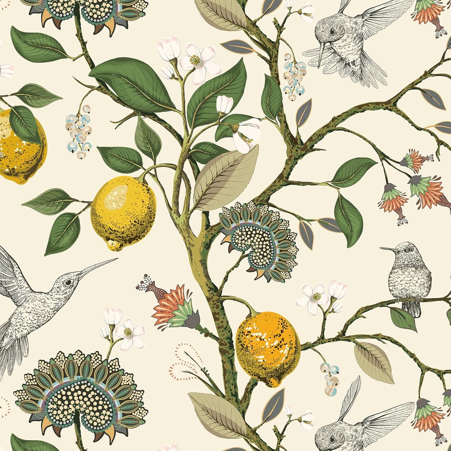 Vintage Bird & Lemon Tree Wallpaper Stick and Peel Boho Farmhouse Kitchen Waterproof Aesthetic Wall Paper Self Adhesive Neutral Cream Beige Hummingbird Yellow Lemon Contact Paper 17.5x78.8"