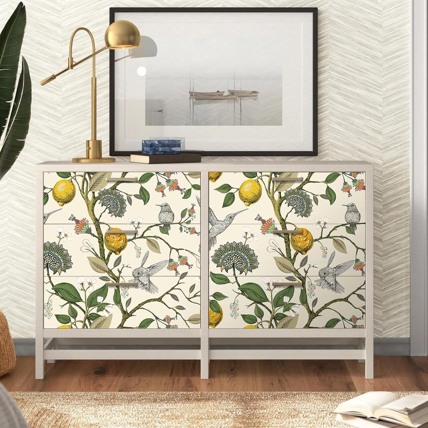 Vintage Bird & Lemon Tree Wallpaper Stick and Peel Boho Farmhouse Kitchen Waterproof Aesthetic Wall Paper Self Adhesive Neutral Cream Beige Hummingbird Yellow Lemon Contact Paper 17.5x78.8"