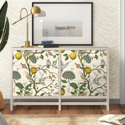 Vintage Bird & Lemon Tree Wallpaper Stick and Peel Boho Farmhouse Kitchen Waterproof Aesthetic Wall Paper Self Adhesive Neutral Cream Beige Hummingbird Yellow Lemon Contact Paper 17.5x78.8"