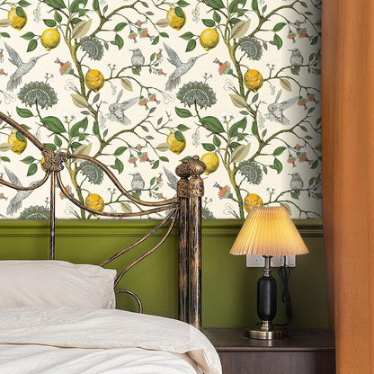 Vintage Bird & Lemon Tree Wallpaper Stick and Peel Boho Farmhouse Kitchen Waterproof Aesthetic Wall Paper Self Adhesive Neutral Cream Beige Hummingbird Yellow Lemon Contact Paper 17.5x78.8"