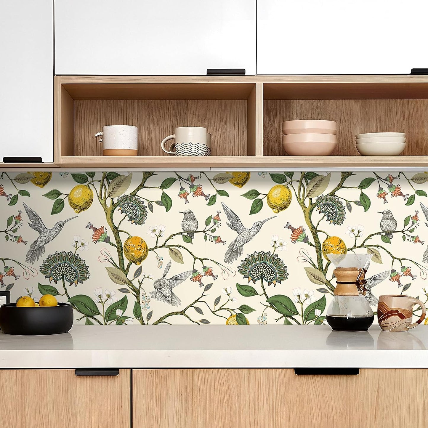 Vintage Bird & Lemon Tree Wallpaper Stick and Peel Boho Farmhouse Kitchen Waterproof Aesthetic Wall Paper Self Adhesive Neutral Cream Beige Hummingbird Yellow Lemon Contact Paper 17.5x78.8"
