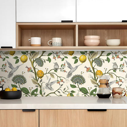 Vintage Bird & Lemon Tree Wallpaper Stick and Peel Boho Farmhouse Kitchen Waterproof Aesthetic Wall Paper Self Adhesive Neutral Cream Beige Hummingbird Yellow Lemon Contact Paper 17.5x78.8"