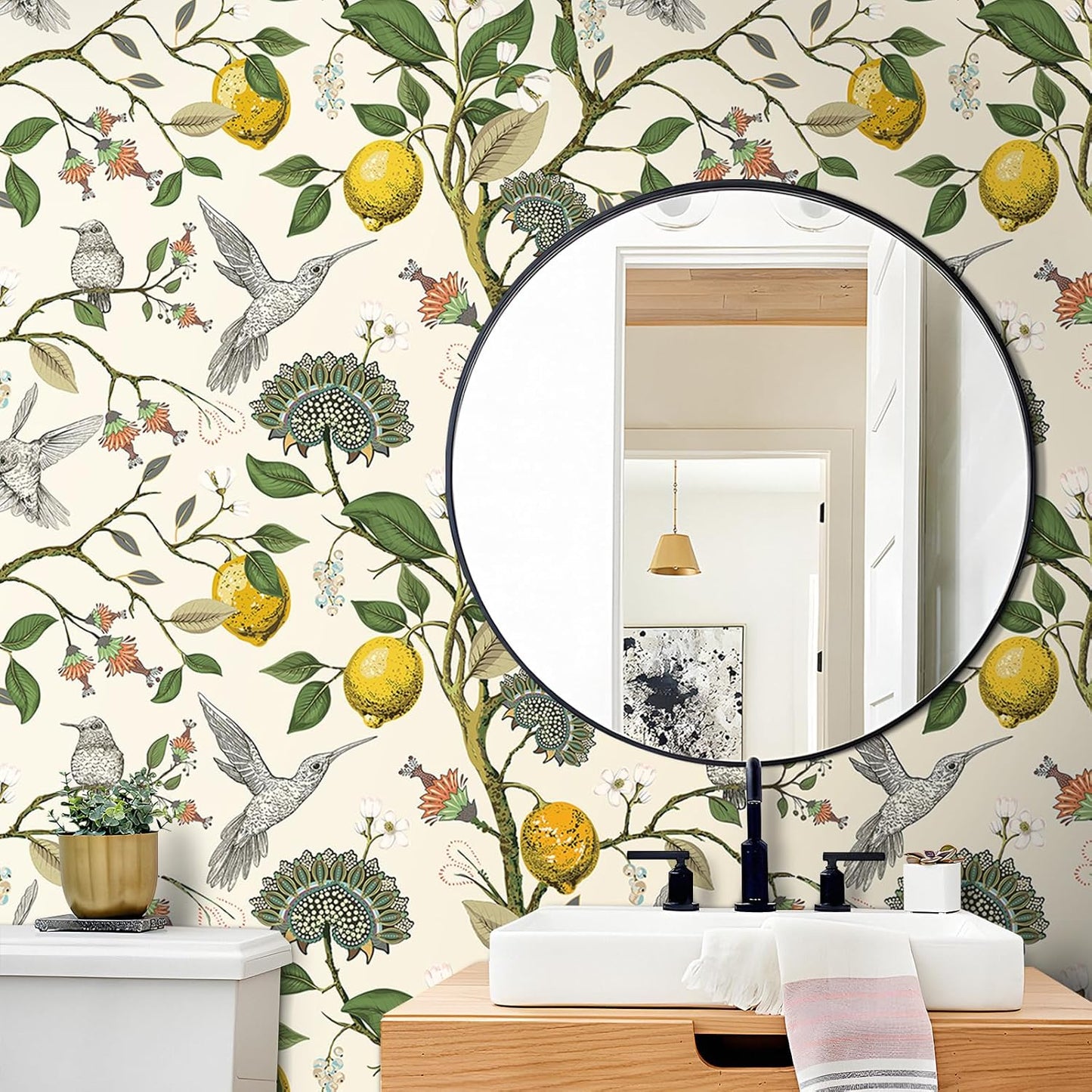 Vintage Bird & Lemon Tree Wallpaper Stick and Peel Boho Farmhouse Kitchen Waterproof Aesthetic Wall Paper Self Adhesive Neutral Cream Beige Hummingbird Yellow Lemon Contact Paper 17.5x78.8"