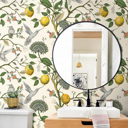 Vintage Bird & Lemon Tree Wallpaper Stick and Peel Boho Farmhouse Kitchen Waterproof Aesthetic Wall Paper Self Adhesive Neutral Cream Beige Hummingbird Yellow Lemon Contact Paper 17.5x78.8"