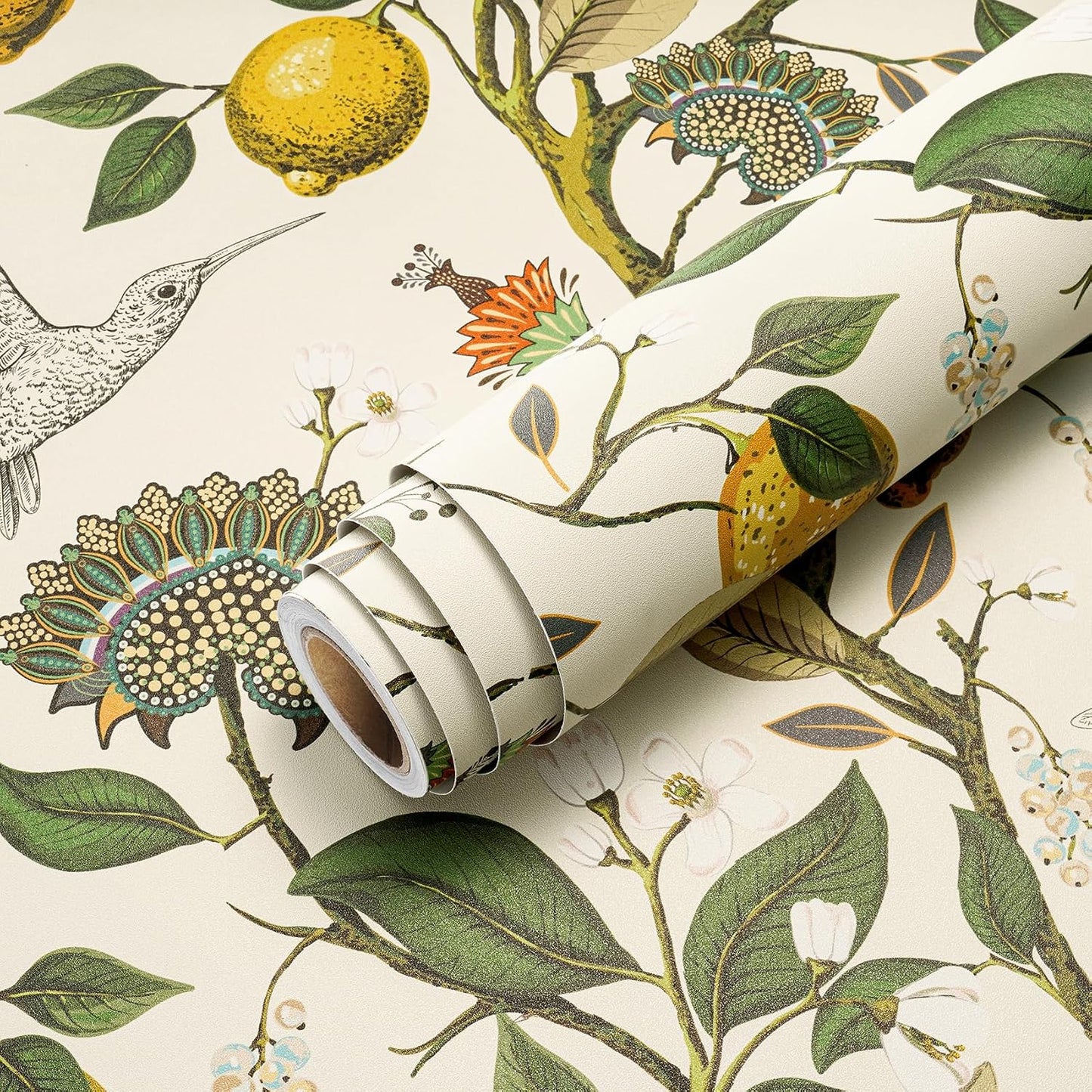 Vintage Bird & Lemon Tree Wallpaper Stick and Peel Boho Farmhouse Kitchen Waterproof Aesthetic Wall Paper Self Adhesive Neutral Cream Beige Hummingbird Yellow Lemon Contact Paper 17.5x78.8"