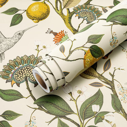 Vintage Bird & Lemon Tree Wallpaper Stick and Peel Boho Farmhouse Kitchen Waterproof Aesthetic Wall Paper Self Adhesive Neutral Cream Beige Hummingbird Yellow Lemon Contact Paper 17.5x78.8"