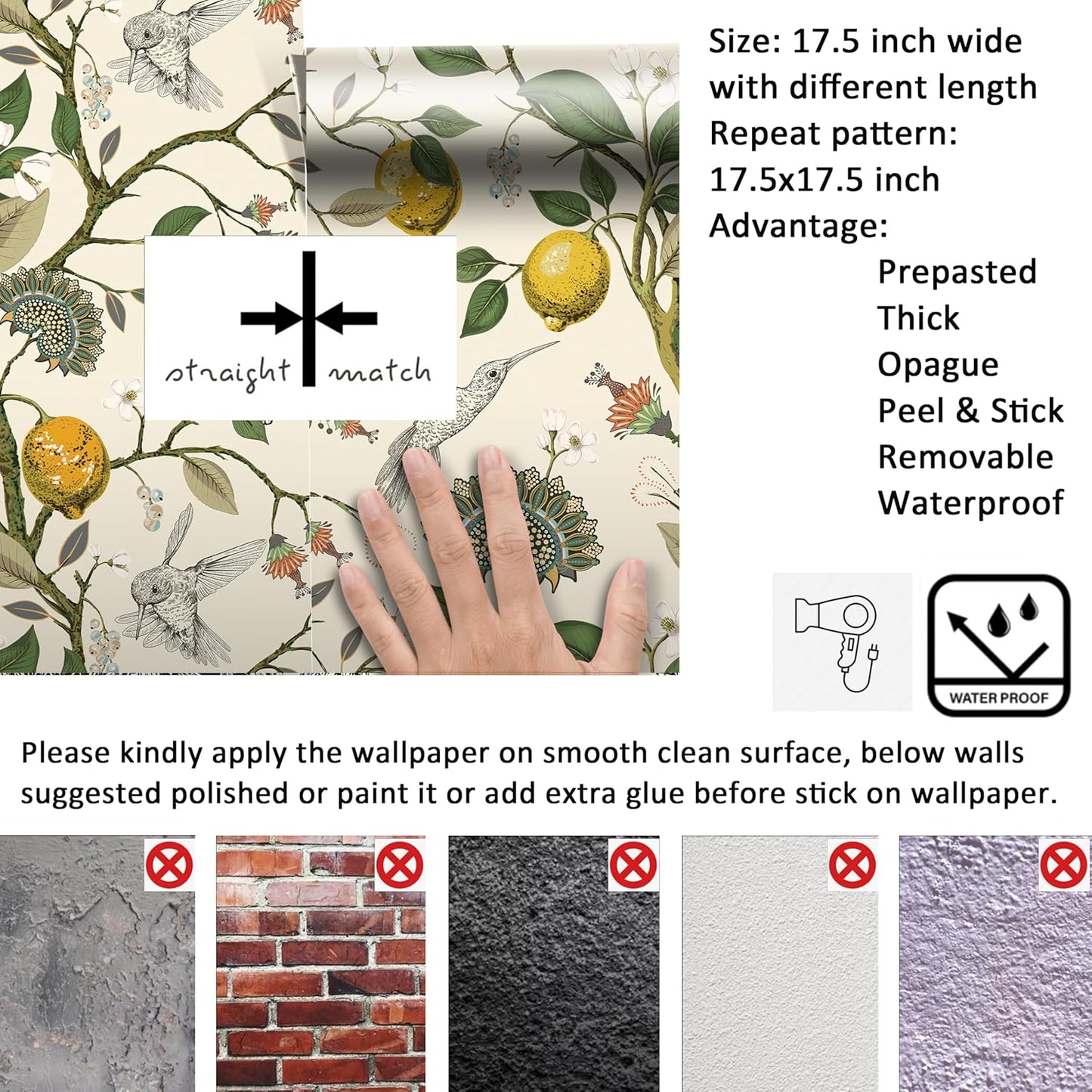 Vintage Bird & Lemon Tree Wallpaper Stick and Peel Boho Farmhouse Kitchen Waterproof Aesthetic Wall Paper Self Adhesive Neutral Cream Beige Hummingbird Yellow Lemon Contact Paper 17.5x78.8"
